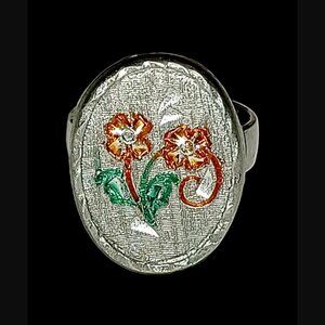 Kelly Waters Hand Engraved Pewter Adjustable Ring Resting Size 6.5 Floral Design